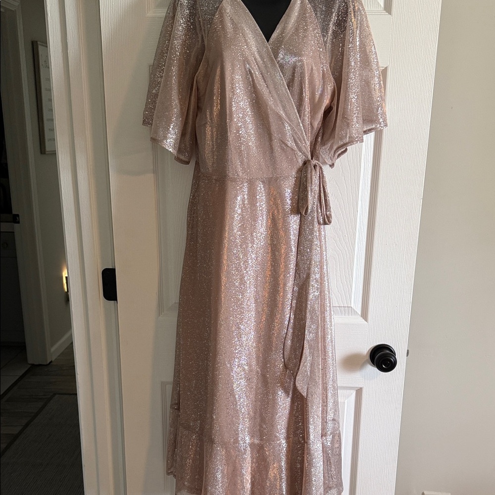 Sparkle Wrap Midi Dress in Champagne Pink